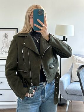 Zara Olive Green Suede Moto Jacket